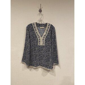 Tory Burch Blouse Womens Size 10 Blue Geometric Tunic Long Sleeve Crochet Trim